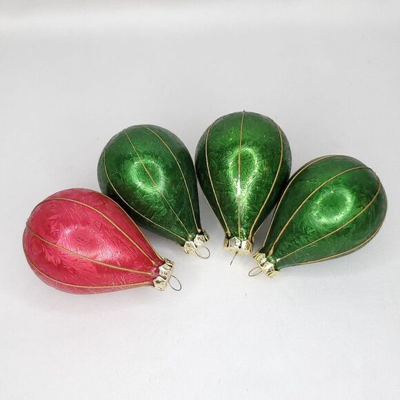 Vintage Glass Ornaments Green Red Textured Frost Balloon Shape Gold Piping - Picture 2 of 10